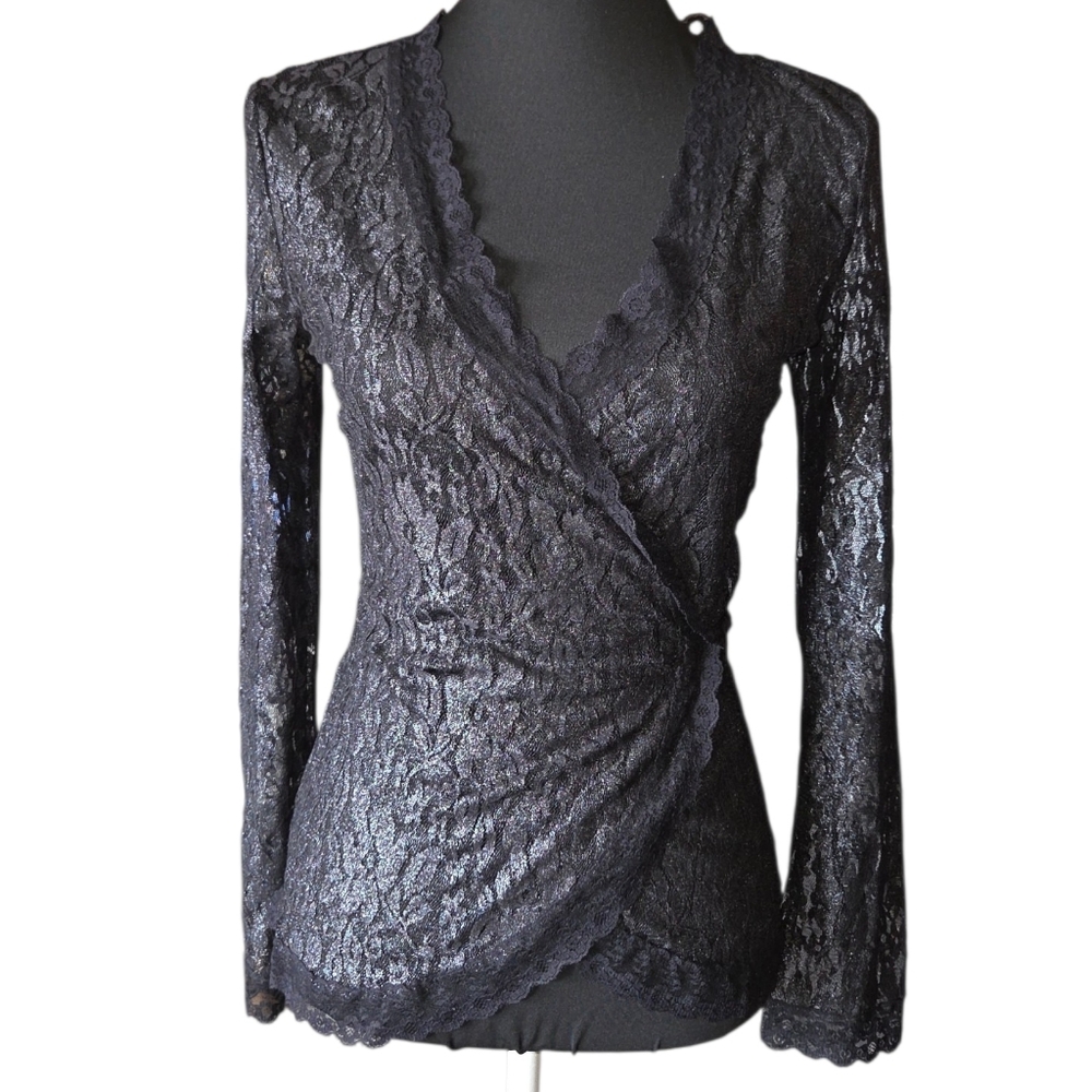 K. Jordan Chic Black Sheer Shimmering Lace Wrap Blouse Size S